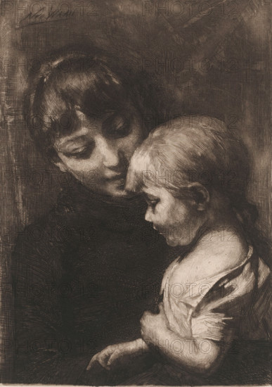 Bad mood, Woman with child, print, printmaker: Nicolaas van der Waay, 1865 - 1936, paper, chine collé, etching, intaglio printmaking technique, drypoint, height 228 mm x width 172 mm, mother and child(ren), woman and child(ren) (family group), A monochrome etching showing a close view of an adult and a child in an intimate pose, the adult's head tilted down toward the child with eyes lowered and hair cut short with bangs, the child's head resting near the adult's chest with a rounded forehead and short hair, both faces rendered with fine crosshatched lines and soft shadows, the adult wearing a dark high-necked garment and the child wearing a lighter short-sleeved garment with visible folds, the child's arm held across the body and a small hand extending downward, the background filled with dense crosshatching and textured shading.