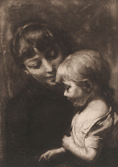 Woman with child, print, printmaker: Nicolaas van der Waay (signed by artist), 1865 - 1936, paper, chine collé, etching, drypoint, intaglio printmaking technique, height 228 mm x width 172 mm, mother and child(ren), woman and child(ren) (family group), A monochrome etching of an adult and a child closely positioned, the adult's face turned toward the child's head with closed eyes and softly rendered hair, the child facing downward with a visible profile and short hair, the child's shoulder and upper arm exposed and softly shaded, textured cross-hatching throughout creating depth and shadow, the adult wearing a dark garment and the child's lighter clothing showing folds, both figures occupying the central area against a shaded background.