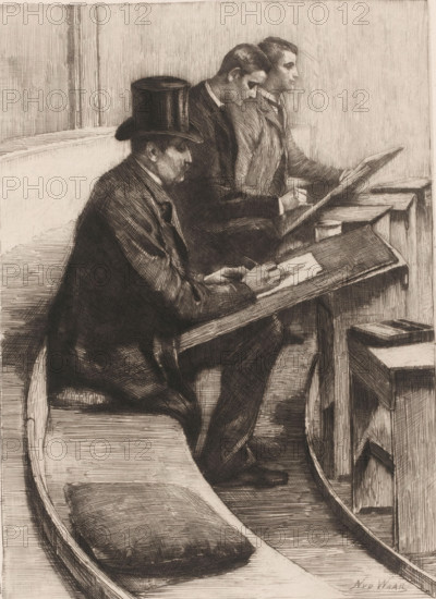 Drawing men, print, printmaker: Nicolaas van der Waay (signed by artist), 1865 - 1936, paper, chine collé, etching, drypoint, intaglio printmaking technique, height 228 mm x width 173 mm, drawing-lesson, Amsterdam, Felix Meritis, A monochrome sketch showing three seated men in profile at angled drawing boards, each holding drawing tools and focused on their work; the nearest man wears a tall hat and a suit with visible lapels, the middle man has slicked hair and a dark jacket, and the far man wears a lighter jacket and holds a board tilted toward him; curved bench seating runs in front of them with a cushion visible on the nearest section, and a small container sits on the desk beside the farthest artist; the background is filled with vertical hatch shading and the scene is rendered with fine cross-hatching and linear strokes.