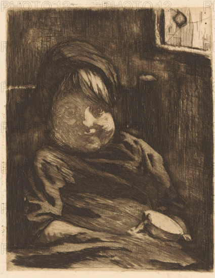 Sitting child with a cup, print, watermark: '...an Gelder Zonen, Holland', printmaker: Willem Witsen, Ewijkshoeve (Den Dolder), c. 1885, Den Dolder, paper, etching, intaglio printmaking technique, height 200 mm x width 141 mm, child, chair, cup, A sepia-toned etching shows a childlike figure with a rounded face and short hair wearing a cap and a loose garment, sitting against a dark, heavily textured background; the figure's eyes and facial contours are rendered with dense crosshatching and the hands rest near a shallow bowl held at the figure's side, while the surrounding area includes vertical and horizontal etched lines and a rectangular framed section in the upper corner.