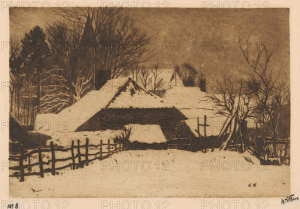 View of snow-covered houses in Ede, print, signature: 'Witsen', inscription: 'No. 8', watermark, printmaker: Willem Witsen (signed by artist), Ede, 1897, paper, etching, aquatint, intaglio printmaking technique, height 163 mm x width 240 mm, snow, parts of church exterior and annexes: tower, village, A muted landscape showing snow-covered rooftops and a low fence in the foreground, with bare trees and dense evergreens rising behind the buildings; the sky appears textured and shaded, and branches create intricate, dark silhouettes against it, while the ground is blanketed in pale snow and small patches of vegetation peek through.