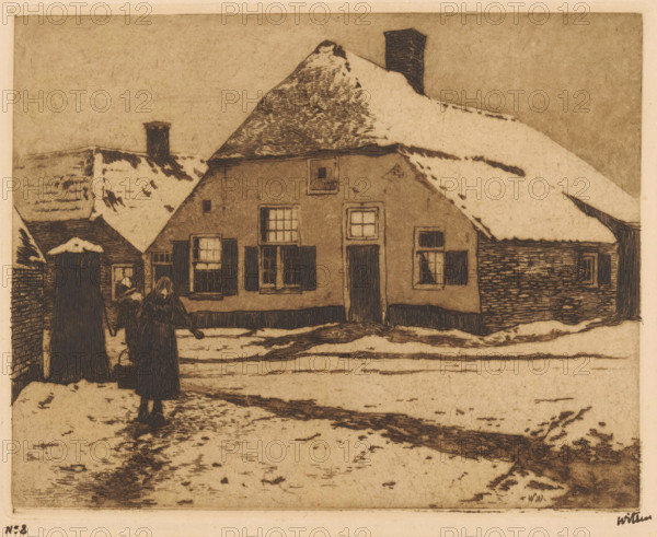 Snow-covered houses on a road in Ede, print, On the left, someone stands by a pump. A woman is carrying a bucket., inscription: 'No. 8', signature: 'Witsen', printmaker: Willem Witsen (signed by artist), Ede, c. 1897, paper, etching, aquatint, intaglio printmaking technique, height 190 mm x width 238 mm, snow, village street, housing, water-supply (, public services), A sepia-toned scene shows a row of snow-covered buildings with steep roofs and visible chimneys, rendered with fine etched lines and textured shading. The central building has multiple windows with shutters and a door, and snow rests along roof edges and window sills. In the foreground, a figure wearing a long dark coat and a head covering walks along a snow-dappled path, casting a shadowed outline on the ground. To the left, another tall dark form stands near a doorway, and a third partially visible figure appears near a side entrance. The ground displays tracks and irregular patches of snow and exposed earth, and the sk...
