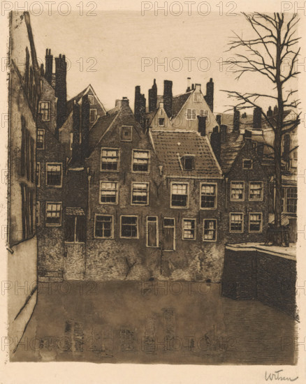 Groenendaal in Rotterdam, print, Groenendaal, filled in in 1911, seen from the Nieuwehaven in Rotterdam., watermark, printmaker: Willem Witsen (signed by artist), c. 1897 - c. 1898, paper, etching, aquatint, intaglio printmaking technique, drypoint, height 238 mm x width 187 mm, Published in the portfolio Hollandsche Prentkunst, 1st volume, edited by RN Roland Holst and Jan Veth, published by Scheltema & Holkema's Boekhandel, Amsterdam 1898. Identifiable by the number 5, in blind embossing on the recto bottom right., urban housing, trees, canals, waters (in city), Rotterdam, Groenendaal (Rotterdam), A sepia-toned etching showing a row of narrow brick houses with steep roofs and multiple chimneys, each building featuring framed windows and some with small dormers, a bare tree with many branches rising on the right side, a canal or water surface in the foreground reflecting faint shapes, and architectural details like roof tiles, window panes, and vertical chimneys visible against a pale...