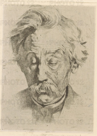 Portrait of Dr. Jacob Christiaan Muller, print, printmaker: Willem Witsen, Ewijkshoeve (Den Dolder), c. 1884, Den Dolder, paper, chine collé, etching, roulette, intaglio printmaking technique, height 166 mm x width 124 mm, Person, Jacob Christiaan Muller, historical persons, A monochrome etching of an older man’s head and upper torso, showing detailed line work for thinning hair swept back and a prominent mustache; his eyes are closed and his face features pronounced wrinkles and shadowed contours rendered with hatch marks; the background is plain with visible paper texture and small blemishes, and the clothing includes a high collar and a loosely tied neckpiece.