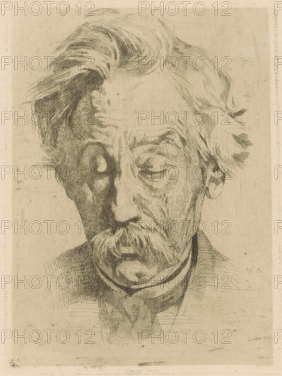 Portrait of Dr. Jacob Christiaan Muller, print, printmaker: Willem Witsen, Ewijkshoeve (Den Dolder), c. 1884, Den Dolder, paper, etching, roulette, intaglio printmaking technique, height 166 mm x width 124 mm, Person, Jacob Christiaan Muller, historical persons, A faded monochrome sketch of an older man's head and upper torso fills the image, rendered with fine hatched lines on a pale textured background. The man's hair is swept back with loose strands and visible strokes showing volume, one side darker with denser crosshatching. His face shows deep lines and shading emphasizing the brow, cheek, and nasolabial areas, with one eye in shadow and the other partially visible beneath a heavy eyebrow. He has a prominent mustache and a small beard or goatee sketched with curved, directional lines. The collar and upper part of a garment are suggested with lighter hatching, and the entire composition is framed by a faint rectangular border and scattered small marks on the paper.
