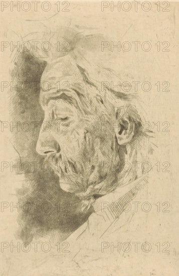 Portrait of Dr. Jacob Christiaan Muller, print, printmaker: Willem Witsen, Ewijkshoeve (Den Dolder), c. 1884, Den Dolder, paper, etching, roulette, intaglio printmaking technique, height 189 mm x width 125 mm, Person, Jacob Christiaan Muller, historical persons, A sepia-toned pencil or ink sketch of an elderly man's profile facing left, showing a high forehead with receding hair, deep-set eye with a lowered eyelid, pronounced brow and nose, drooping mustache and chin with visible wrinkles and lines across the cheek and neck, an ear with detailed inner contours, and crosshatched shading creating darker areas behind the head and under the jaw on a textured paper background.