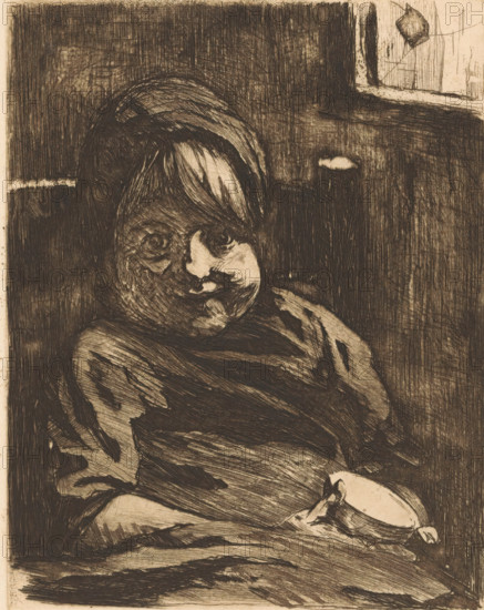 Sitting child with a cup, print, watermark: '...an Gelder Zonen, Holland', printmaker: Willem Witsen, Ewijkshoeve (Den Dolder), c. 1885, Den Dolder, paper, etching, intaglio printmaking technique, height 200 mm x width 141 mm, child, chair, cup, A monochrome etched image of a seated child with a rounded face and short hair wearing a cap, the child's eyes looking forward and facial features rendered with dense, crosshatched lines, the child wrapped in a loose garment with folds and shadowing, a small rounded bowl or cup held near the lower edge, a dark textured background with a lighter rectangular area suggesting a window or panel at the upper right and an uneven horizontal light band behind the child's head, the overall composition showing heavy linear marks and varied hatchwork creating depth and contrast.