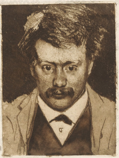Portrait of Hein Boeken, print, printmaker: Willem Witsen, Amsterdam, c. 1891, paper, soft-ground etching, aquatint, etching, intaglio printmaking technique, height 158 mm x width 120 mm, Person, Hein Boeken, portrait of a writer, A sepia-toned portrait of a man shown from the chest upward, with tousled dark hair, a mustache, and wide eyes looking forward; he wears a collared shirt, a dark vest, and a light-colored jacket, and the image has a textured, sketch-like quality with smudged shading and a darker background framing the head.