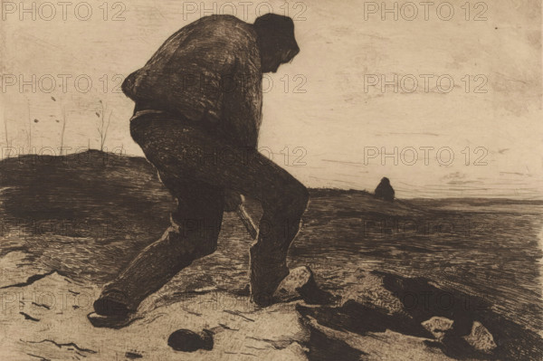 Heiwerker, print, Man digging., signature: 'Willem Witsen', printmaker: Willem Witsen (signed by artist), c. 1888, paper, etching, intaglio printmaking technique, etching with plate tone, proof print, height 160 mm x width 240 mm, adult man, pushing something, A monochrome etching shows a large figure hunched forward with one leg bent and the other extended, wearing a heavy coat and trousers rendered with dense, textured lines, the head bowed and hair or a cap dark against a pale sky; the foreground contains rough, rocky ground with scattered stones and a rounded object near the figure’s foot, while low, dark mounds and thin, vertical plant stems rise behind the figure and a distant, small dark shape sits on the horizon under a wide, lightly scratched sky.