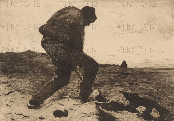 Pile driver, print, Digging man., printmaker: Willem Witsen (signed by artist), c. 1888, paper, etching, intaglio printmaking technique, height 160 mm x width 240 mm, adult man, pushing something, A dark, heavily textured figure wearing a hooded garment is shown in a bent, forward-leaning posture with one leg stepping forward and one foot planted on a rocky surface; the figure holds a long, thin object near the ground. The ground around the figure is rough and uneven with scattered rocks and striated markings. In the background there is a low, rolling landscape with sparse, thin vertical lines resembling bare stems and a solitary dark mound on the horizon. The sky is a pale, lightly speckled expanse with faint linear scratches and smudges.