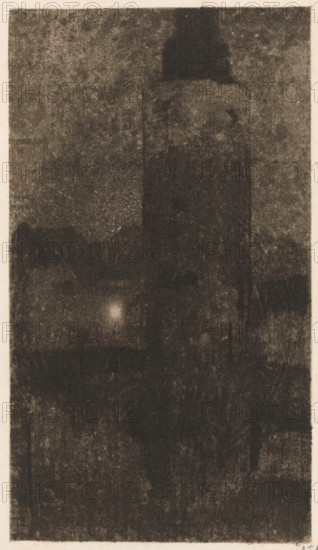 Montelbaan Tower at evening in Amsterdam, print, signature: 'Witsen', printmaker: Willem Witsen (signed by artist), Amsterdam, c. 1887 - c. 1888, paper, soft-ground etching, intaglio printmaking technique, aquatint, height 274 mm x width 136 mm, tower, clock tower, monumental adornment, Montelbaan Tower, A tall, dark, rectangular tower with a rounded top dominates the center of a grainy, monochrome scene, surrounded by indistinct, shadowy shapes and textured darkness; a soft, diffuse light spot appears lower left of center, and the image is framed by a narrow, lighter border.