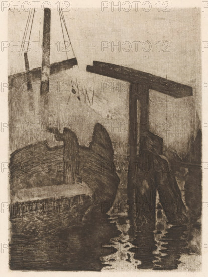 Drawbridge and ship in the fog, print, watermark, printmaker: Willem Witsen, Amsterdam, 1887, paper, etching, intaglio printmaking technique, height 198 mm x width 140 mm, ships (in general), drawbridge, fortified city, A monochrome etching showing a close-up of wooden boat structures and dock elements with vertical posts and angled beams, textured wood grain and rough shading, faint rigging lines extending upward, curved hull shapes with pronounced planking, a T-shaped post casting a dark vertical form, reflections and rippling patterns in the water at the bottom, and an overall grainy, worn surface with varied tonal washes.