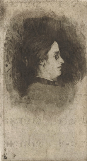 Portrait of Suzanna Jacoba (Coba) Muller, print, On verso a detail of Fish and water plants, printmaker: Willem Witsen, Ewijkshoeve (Den Dolder), c. 1886, Den Dolder, paper, etching, intaglio printmaking technique, aquatint, height 217 mm x width 118 mm, Person, Suzanna Jacoba Muller, historical persons (portraits and scenes from the life) - BB - woman, A monochrome etching of a person shown in profile facing right, with dark hair pulled back and a smooth pale face, a prominent nose, a closed mouth, and a visible ear; the figure wears a high collar and a small bow or tie at the neck. The head and shoulders are rendered with dense crosshatching and fine lines that create a dark oval background around the hair, while the surrounding paper shows lighter, worn textures and smudges. There are several short, straight hatch marks below the shoulder area and faint decorative curved motifs at the left edge of the darker background. The lower portion of the image is mostly blank, showing the age...