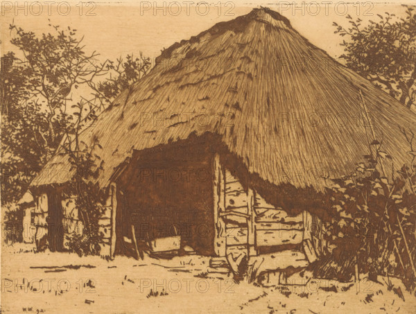 Open barn in Brabant, print, watermark, printmaker: Willem Witsen, 1892, 1912, paper, etching, intaglio printmaking technique, height 148 mm x width 197 mm, barn, Oisterwijk, A detailed etching of a rustic thatched roof cottage with tightly rendered straw lines forming a steep roof and a darker shaded opening beneath, flanked by timber and stone walls; leafy trees and branches surround the structure at the sides, their fine twigs and foliage contrasting with the textured roof, and low grasses and scattered ground marks fill the foreground.