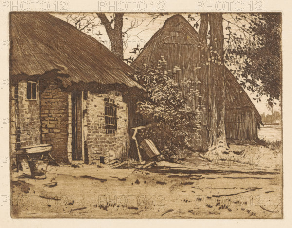 Farmhouse with barn in Brabant, print, inscription: '4th st., 1st proof', watermark, printmaker: Willem Witsen, 1892, paper, etching, intaglio printmaking technique, aquatint, plate tone and aquatint, proof print, height 119 mm x width 157 mm, barn, Oisterwijk, An etching showing a rustic scene with thatched roofs and rough stone walls, a doorway and small window set into a textured wall, wooden barrels and a bench in the foreground, a leaning ladder and overgrown foliage beside the buildings, tall trees rising behind and between the structures, distant low vegetation and an open area beyond, all rendered in fine linear marks and sepia tones.