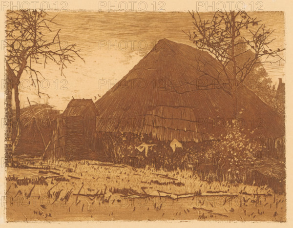 Back of a barn in Brabant, print, watermark, printmaker: Willem Witsen, 1892, paper, etching, intaglio printmaking technique, etching with plate tone in brown, height 119 mm x width 157 mm, barn, Oisterwijk, An etching of a rural scene rendered in brown tones showing a large thatched structure with a steep conical roof centered in the image, flanked by smaller thatched buildings and a wooden fence; leafless trees with thin, branching limbs frame the left and right sides, and dense foliage appears behind the buildings; the foreground features a grassy field with scattered strokes indicating vegetation and a narrow path or furrow running across it; fine horizontal and diagonal lines convey texture in the sky and on the thatch.