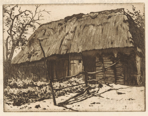 Barn with fence in Brabant, print, watermark, printmaker: Willem Witsen, 1892, paper, etching, aquatint, intaglio printmaking technique, height 149 mm x width 194 mm, barn, Oisterwijk, A monochrome etching shows a rustic thatched-roof building with weathered wooden walls and a simple door, partially obscured by a leaning fence made of rough branches. In front of the structure there is a foreground of low vegetation and scattered leaves, with exposed roots and a narrow sweep of bare ground. To the left a tall, slender tree with sparse leaves and twisting branches rises beside the building, while more foliage appears at the roofline and edges of the scene. The thatch on the roof is depicted with dense, linear strokes and irregular patches, and the wood and fence elements display textured, crosshatched shading.