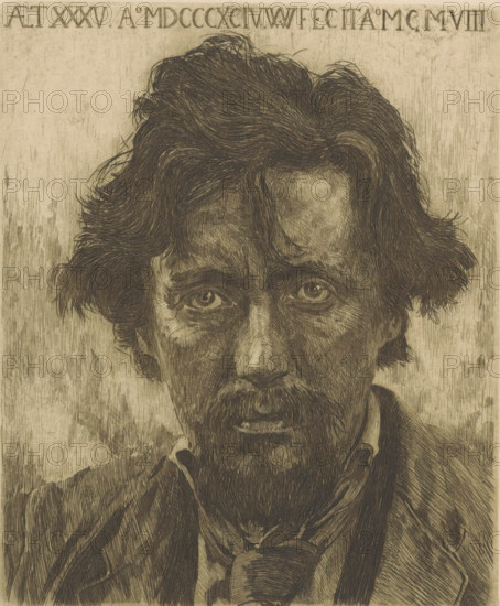 Portrait of Willem Kloos, print, printmaker: Willem Witsen, Amsterdam, printer (person): Dirk Harting, c. 1908 - c. 1909, 1944, printer (person), paper, etching, intaglio printmaking technique, height 180 mm x width 150 mm, Published as a frontispiece in Willem Kloos, Honderd verzen en Okeanos, Amsterdam 1909. The book was published by Willem Versluys in a brown leather binding with gilt lettering and decorations by Theo Nieuwenhuis. Witsen's portrait was a surprise for Kloos' fiftieth birthday., Person, Willem Kloos, portrait of a writer, A sepia-toned etching of a man's face and upper torso fills the frame, showing tousled dark hair, deep-set eyes with detailed irises, pronounced eyebrows, a furrowed forehead, and a long narrow nose; he has a mustache and a full beard with visible individual strokes, a slightly open mouth, and textured skin rendered with fine crosshatching; his clothing includes a collared shirt, a loosely knotted neckerchief, and a jacket with visible lapels and fab...