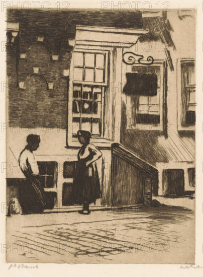 Two women in the Krom Boomsloot in Amsterdam, print, They are standing in front of the side wall of Korte Dijkstraat 2 in Amsterdam., signature: 'Witsen', inscription: '1st state', watermark, printmaker: Willem Witsen (signed by artist), Amsterdam, c. 1905 - c. 1906, paper, etching, intaglio printmaking technique, height 160 mm x width 120 mm, adult woman, city-view, and landscape with man-made constructions, Krom Boomssloot, Korte Dijkstraat, Two women stand outside a row of buildings rendered in dark etched lines on a light background; one woman faces slightly toward the viewer with her hands at her waist and a skirt falling to her calves, the other sits or leans near a lower window with her head turned toward the standing woman. The facade shows multiple windows with muntins and a recessed door area, a small awning above one window, and decorative scrollwork near an upper frame. Stairs or a ramp descend beside the standing woman, and cobblestones and linear street markings stretch a...