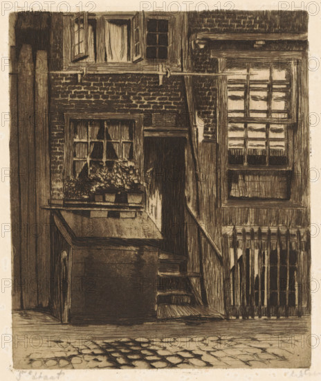 View of Krom Boomssloot 71, print, Part of Korte Dijkstraat 2 is depicted on the right., inscription: '5th state', printmaker: Willem Witsen (signed by artist), Amsterdam, c. 1906, paper, etching, aquatint, intaglio printmaking technique, height 180 mm x width 151 mm, urban housing, open window, closed door, Krom Boomssloot, A close view of a weathered building facade rendered in dark ink tones, showing textured brickwork, wooden window frames with multiple panes, a planter box filled with clustered foliage beneath one window, a narrow set of wooden steps leading up to a recessed doorway, vertical wooden slats forming a railing beside the steps, and a cobblestone surface in the foreground.