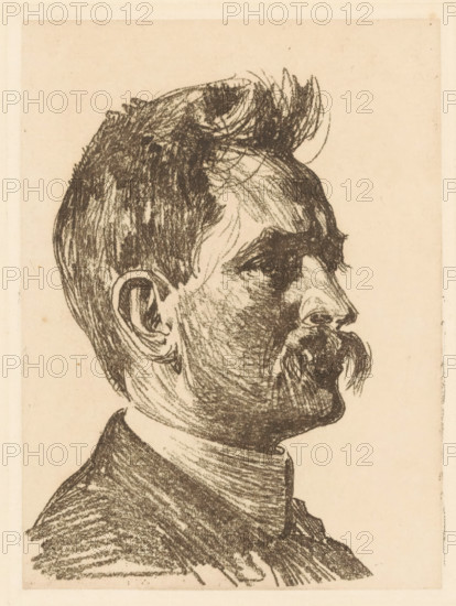 Portrait of Jan Hofker, print, inscription: 'II uitgehaalde druk', watermark, printmaker: Willem Witsen, Amsterdam, c. 1905, paper, soft-ground etching, height 159 mm x width 120 mm, Person, Jan Hofker, portrait of a writer, A monochrome pencil or charcoal sketch of a man's profile facing right, showing a short, textured haircut with a tuft of hair at the top, a pronounced eyebrow, a detailed eye, a defined nose, and a mustache with a small goatee; the ear is visible and the neck is shaded, leading to a high-collared garment with heavy, directional shading and crosshatching, all on a slightly aged, light-toned paper background.