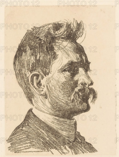 Portrait of Jan Hofker, print, inscription: 'I niet uithaalde dr.', watermark, printmaker: Willem Witsen, Amsterdam, c. 1905, paper, soft-ground etching, height 159 mm x width 120 mm, Person, Jan Hofker, portrait of a writer, A monochrome pencil or charcoal sketch of a man's head and upper torso in profile facing right, showing short, textured hair, a prominent mustache, a defined ear, and detailed facial features with shading; he wears a high-collared garment and the background is a plain, lightly textured surface.