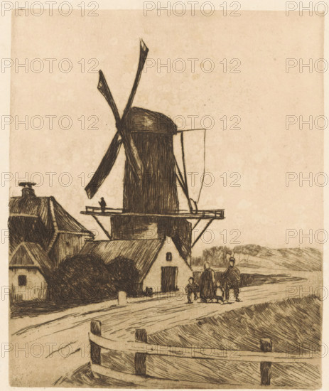 Hikers at a windmill near Wijk bij Duurstede, print, watermark, printmaker: Willem Witsen, Wijk bij Duurstede, c. 1906, paper, etching, intaglio printmaking technique, height 171 mm x width 142 mm, windmill in landscape, housing, receiver, fence, A sepia-toned etching showing a tall windmill with large angled blades mounted on a wooden platform above a building, rooflines and chimneys visible nearby, a small cluster of trees or bushes at the base, a curved wooden fence in the foreground, and several small human figures walking along a road beside the buildings with distant low hills on the horizon.