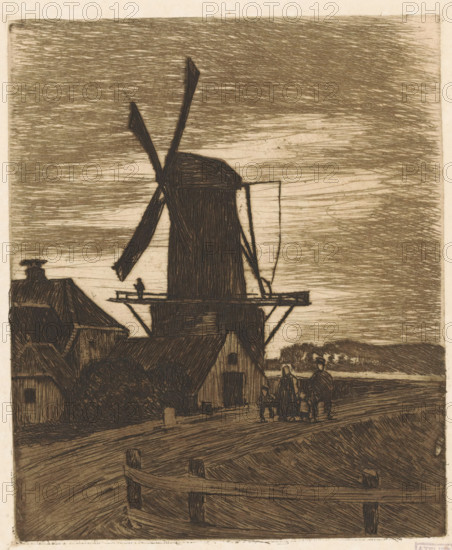 Hikers at a windmill near Wijk bij Duurstede, print, watermark, printmaker: Willem Witsen, Wijk bij Duurstede, c. 1906, paper, etching, intaglio printmaking technique, aquatint, height 175 mm x width 151 mm, windmill in landscape, housing, receiver, fence, A dark, tall windmill with large sails dominates the center, its textured wooden structure set against a sky filled with horizontal, closely spaced hatch marks; nearby rooftops and smaller wooden buildings cluster at the base of the mill, and a small platform extends from the mill with a solitary figure standing on it; in the foreground a curved wooden fence follows a dirt path, and a group of people, including adults and children, stand or walk near the buildings; distant low hills and a strip of lighter land are visible along the horizon.