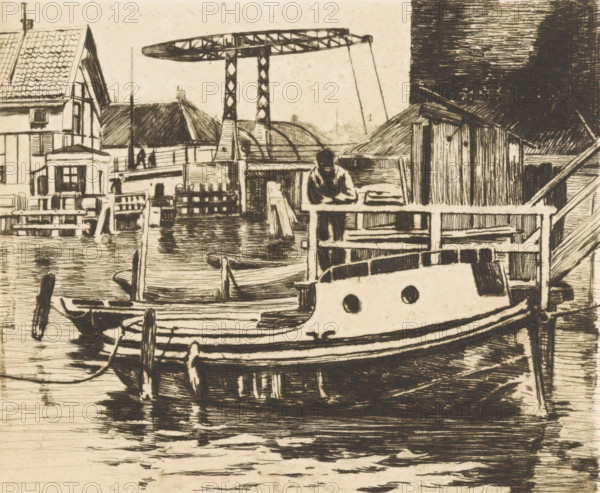 View of the drawbridge between the Kalkmarkt and the 's Gravenhekje in Amsterdam, print, Seen from the Oude Schans., watermark, inscription: '1st state', signature: 'Witsen', printmaker: Willem Witsen (signed by artist), Amsterdam, c. 1911, Willem Witsen, printmaker, paper, etching, intaglio printmaking technique, height 150 mm x width 180 mm, city-view in general, 'veduta', canals, waters (in city), bridge, Kalkmarkt, A detailed etching of a harbor scene shows a wooden boat moored in the foreground with curved hull lines and circular openings on its side, a dock with railings and posts beside it, and water with reflected hatch-like strokes. A figure stands on the dock leaning on the railing near a small cabin-like structure with vertical planks and a slanted roof. Behind them are clustered buildings with pitched and tiled roofs, shuttered windows, and a small bridge or walkway. In the background a latticework crane or gantry rises above the buildings with suspended lines, and addition...