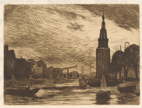 Oude Schans and the Montelbaan Tower in Amsterdam, print, watermark, printmaker: Willem Witsen, Amsterdam, c. 1909, paper, etching, intaglio printmaking technique, height 120 mm x width 160 mm, Published as a frontispiece in the catalogue Etchings and Watercolors W. Witsen, published on the occasion of an exhibition at Van Wisselingh in March-April 1909., canals, waters (in city), city-view, and landscape with man-made constructions, tower, clock tower, monumental adornment, Oudeschans, Montelbaan Tower, A sepia-toned etching showing a riverside scene with a tall, tiered tower topped by a slender spire on the right, silhouetted buildings and trees along both banks, a bridge crossing the river with small human figures on it, boats moored near the water's edge, and a sky filled with dense, crosshatched linear shading.