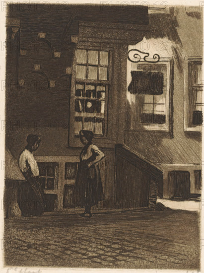 Two women in the Krom Boomsloot in Amsterdam, print, They are standing in front of the side wall of Korte Dijkstraat 2 in Amsterdam., signature: 'Witsen', inscription: '5e staat', watermark, printmaker: Willem Witsen (signed by artist), Amsterdam, c. 1905 - c. 1906, paper, etching, aquatint, intaglio printmaking technique, height 160 mm x width 120 mm, adult woman, city-view, and landscape with man-made constructions, Krom Boomssloot, Korte Dijkstraat, A dark, textured street scene shows two women standing in front of a building with tall windows and decorative architectural details; one woman faces slightly away with her head bowed and arms down, wearing a long skirt and blouse, while the other stands with a hand on her hip, also in a long skirt and blouse, turned toward the first. The building facade features multi-pane windows, one with a shaded awning, a carved ornamental scroll above another window, and broad masonry ledges and panels. A railing and a set of stairs or a raised pla...