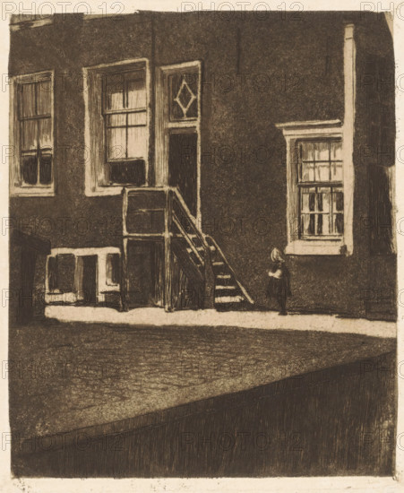 Side entrance with wooden stairs of Krom Boomssloot 69 in Amsterdam, print, The side entrance of Krom Boomssloot 69 was located on Korte Dijkstraat. A child stands in front of the stairs., watermark, printmaker: Willem Witsen, Amsterdam, c. 1906, paper, etching, aquatint, intaglio printmaking technique, height 180 mm x width 149 mm, urban housing, window, toddler, Krom Boomssloot, A dark-toned etching of a building facade shows multiple windows with heavy frames and visible panes, a narrow doorway with a diamond-shaped transom, and a wooden exterior stair with handrails leading up to a landing; a small figure wearing a dress and a bonnet stands near one window, and patches of light-colored ground contrast with the darker textured walls and foreground surface.