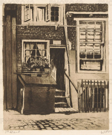 View of Krom Boomssloot 71, print, Part of Korte Dijkstraat 2 is depicted on the right., signature: 'Witsen', inscription: '1st state', printmaker: Willem Witsen (signed by artist), Amsterdam, 1906, paper, etching, aquatint, intaglio printmaking technique, height 180 mm x width 151 mm, urban housing, open window, closed door, Krom Boomssloot, A detailed monochrome etching of a narrow building facade showing sections of brickwork and wooden siding, with multiple windows of different styles, an open doorway with visible steps, a flower box beneath one window filled with foliage, a railing and slatted fence to the right, a small overhang or awning above a lower structural element, and a cobblestone pavement in the foreground.