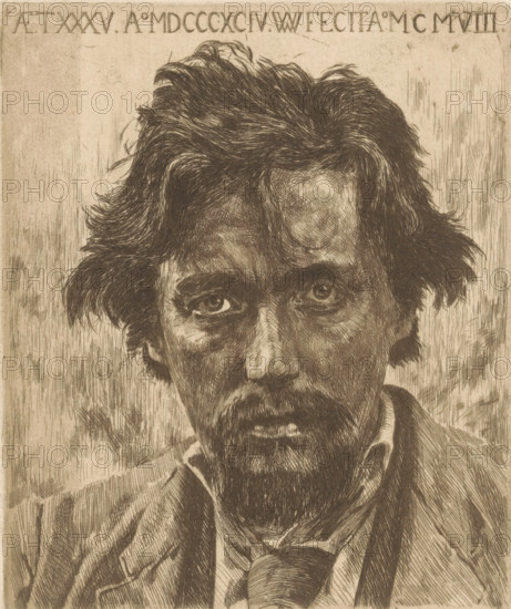 Portrait of Willem Kloos, print, printmaker: Willem Witsen, Amsterdam, c. 1908 - c. 1909, paper, etching, aquatint, intaglio printmaking technique, height 180 mm x width 150 mm, Person, Willem Kloos, portrait of a writer, A close-up etched portrait of a man's face and upper torso rendered in fine dark lines on a light background, showing tousled hair with textured strands, deep-set eyes with detailed irises and shadows, pronounced eyebrows, a mustache and beard with visible individual strokes, a long nose, and a slightly open mouth; he wears a collared shirt, a loosely knotted tie, and a jacket with visible folds and crosshatching, while the background features vertical hatch marks and varied line shading.