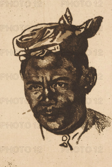 Portrait of Amit, print, Amit was a chamber boy at Hotel Bellevue, where Willem Witsen stayed when he was in Buitenzorg., printmaker: Willem Witsen, Amsterdam, c. 1921, paper, soft-ground etching, aquatint, intaglio printmaking technique, vernis mou, plate tone and aquatint in dark brown, height 198 mm x width 129 mm, head-gear, historical persons (portraits and scenes from life), A sepia-toned portrait of a person from the shoulders up, rendered in a stippled or dotted ink style on textured paper. The person has short dark hair with a cloth tied or folded on top of the head, featuring loose ends. The face shows dark shaded eyes, a straight nose, and closed lips with detailed shading around the cheeks and forehead. One ear is visible with textured shading, and the neck and upper garment are partially shown with a small circular decorative element near the collar. The background is plain, lightly speckled paper.