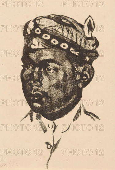 Portrait of a Sundanese man, Portrait of a Sundanese servant (former title), print, This man worked as a servant at Hotel Bellevue, where Willem Witsen stayed when he was in Buitenzorg., watermark, printmaker: Willem Witsen, Amsterdam, c. 1921, paper, soft-ground etching, height 188 mm x width 133 mm, head-gear, anonymous historical person portrayed alone, A monochrome charcoal-style portrait of a person shown from the shoulders up, facing slightly to the left, wearing a patterned headwrap with circular decorations and a small pointed ornament at the top, with dark textured shading defining facial features including eyes, nose, lips, ears, and short hair, and a faint suggestion of a collar and garment below, all rendered on a light beige background.