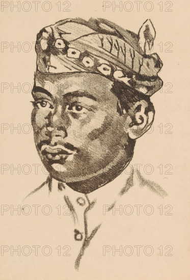 Portrait of a Sundanese man, Portrait of a Sundanese servant (former title), print, This man worked as a servant at Hotel Bellevue, where Willem Witsen stayed when he was in Buitenzorg., printmaker: Willem Witsen, Amsterdam, c. 1921, paper, soft-ground etching, height 190 mm x width 133 mm, head-gear, anonymous historical person portrayed alone, A monochrome sketch of a young person shown from the shoulders up wearing a patterned headwrap with rounded decorative shapes and a tied knot at the back, with short hair visible at the temples, expressive eyes looking slightly to the side, full lips, a rounded chin, and a collared garment with visible buttons rendered in textured charcoal-like strokes on a light paper background.