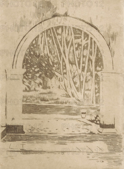 Gate of Hotel Bellevue in Buitenzorg, print, printmaker: Willem Witsen, Amsterdam, c. 1921, paper, etching, intaglio printmaking technique, height 210 mm x width 150 mm, arch, archivolt, architecture, plantation, Java, Buitenzorg (West-Java), West-Java, A monochrome etched scene shows an arched window or opening with tall slender tree trunks and foliage visible through it, a grassy area and suggestion of a small building or cottage partially obscured by the trees, crosshatched shading and linear textures filling the sky and ground, a horizontal ledge or sill beneath the arch, a small potted plant and cluster of flowers near the base of the opening, and a foreground area of flat textured surface with scattered short marks and linear patterns.