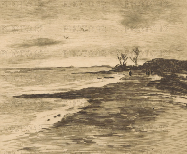 Coastline of the Zuiderzee in Valkeveen, print, Four figures on the right in the distance., printmaker: Willem Witsen, Amsterdam, c. 1913, paper, etching, intaglio printmaking technique, height 150 mm x width 178 mm, coast, walking, hiking (recreation), Zuiderzee, Valkeveen, A monochrome coastal scene rendered with fine horizontal strokes showing a shoreline with gentle waves, a rocky outcrop with a few bare trees, a small group of figures near the rocks, distant low land on the horizon, two birds in the sky, and cloud-like shaded areas above.