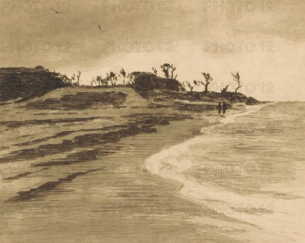 Coastline of the Zuiderzee in Valkeveen, print, Two figures at the waterside., printmaker: Willem Witsen, Amsterdam, c. 1913, paper, etching, aquatint, intaglio printmaking technique, height 150 mm x width 178 mm, coast, walking, hiking (recreation), Zuiderzee, Valkeveen, A muted landscape scene rendered in soft sepia tones shows a sandy shoreline with layered horizontal strokes suggesting wet sand and shallow water, a curving lighter path of water leading from the foreground toward the distance, low dark dunes topped with sparse, spindly bushes and twisted, leafless trees along the horizon, two small silhouetted figures walking near the waterline, and a pale sky with a couple of distant birds.