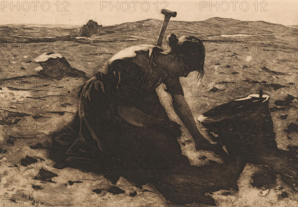 Kneeling potato harvester, print, signature: 'Witsen', watermark:, printmaker: Willem Witsen (signed by artist), Ewijkshoeve (Den Dolder), 1887, Den Dolder, paper, etching, intaglio printmaking technique, height 199 mm x width 296 mm, harvest, containers, potatoes, A sepia-toned scene shows a person kneeling on rough ground, leaning forward with one arm extended toward a large broken object that resembles a stump, and a hammer lodged in the back of the person's head. The figure wears a dress with visible folds and a light area on the upper back and shoulders, and their hair is pulled back. The landscape around them is flat and textured with scattered dark rocks and patches, and low hills appear on the distant horizon. The image is rendered with dense, scratchy lines and areas of contrasting dark and light shading.