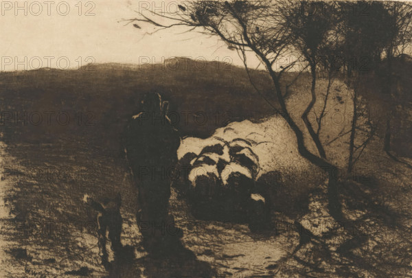 Shepherd with a dog behind his flock, print, The dog walks to the left of the shepherd., signature: 'Witsen', inscription: 'épreuve d'essai', printmaker: Willem Witsen (signed by artist), printer (person): Jan Stronk, c. 1888, 1909, Willem Witsen, Jan Stronk, printmaker, printer (person), paper, etching, soft-ground etching, intaglio printmaking technique, soft-ground varnish and plate tone, proof print, height 200 mm x width 300 mm, herding, herdsman, herdswoman, shepherd, shepherdess, cowherd, dog, sheep, A dark, grainy landscape scene rendered in muted sepia tones shows a silhouetted figure standing near a group of rounded, light-topped shapes that contrast with the surrounding darkness; a second smaller dark form stands nearby. In the midground a rough expanse stretches toward a distant low ridge beneath a pale sky. On the right a cluster of thin, twisted tree trunks and tangled bare branches rise and spread into a dense, scribbled canopy, some branches extending toward the center ...