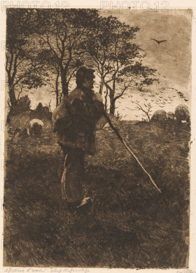 Shepherd leaning on his staff, print, inscription: 'épreuve d'essai etat definitif', signature: 'Witsen', printmaker: Willem Witsen (signed by artist), Ewijkshoeve (Den Dolder), 1886, 1906, Willem Witsen, printmaker, Den Dolder, paper, etching, intaglio printmaking technique, etching with plate tone, proof print, height 250 mm x width 180 mm, herding, herdsman, herdswoman, shepherd, shepherdess, cowherd, cattle driving, cattle driver, shepherd's crook, A dark-toned etching shows a figure standing in a grassy field holding a long staff, the figure wearing a coat and hat and facing to the right in profile; behind and around the figure are leafed trees with bare branches interspersed, a distant horizon with low rounded shapes, and a sky filled with many small flying birds and one larger bird higher up.