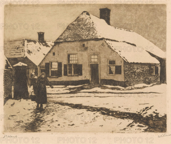 Snow-covered houses on a road in Ede, print, inscription: '1st state', signature: 'Witsen', printmaker: Willem Witsen (signed by artist), Ede, c. 1897, paper, etching, aquatint, intaglio printmaking technique, height 190 mm x width 238 mm, snow, village street, housing, water-supply (, public services), A sepia-toned scene showing a row of houses with steep snow-covered roofs and visible chimneys, textured walls and shuttered windows, a foreground of snowy ground with darkened pathways, and two figures in dark clothing walking toward the viewer one carrying a bucket while another stands near a doorway.