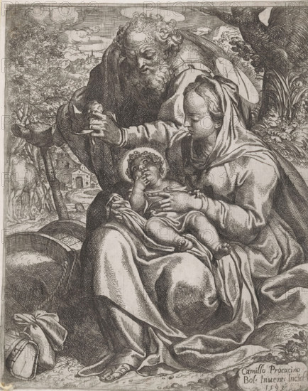 Rest on the Flight into Egypt, print, Mary sits with the Christ Child on her lap under a tree. Joseph bends over them. In the background, the donkey is grazing., printmaker: Camillo Procaccini, Bologna, 1593, paper, etching, intaglio printmaking technique, etching with plate tone, height 258 mm x width 210 mm, A monochrome engraved scene shows three figures clustered in the foreground beneath a tree and a cloudy sky. A seated woman draped in flowing fabric and a head covering cradles a small child on her lap; the child has curly hair and a circular halo-like ring behind the head, and the child's hand is near the mouth. An older bearded man leans over them, one hand raised and the other resting near the child's head. Detailed folds of cloth and textured shading define the garments and surrounding ground. In the background there are trees, foliage, a distant building, and a grazing animal near a fence. Various objects, including a staff, a basket, and a sack, appear near the figures on t...