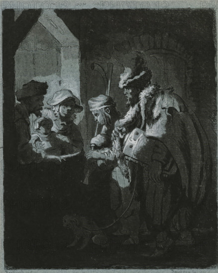 Street musicians, print, printmaker: Richard de Saint-Non, after design by Rembrandt van Rijn, 1771, paper, aquatint, etching, hand coloring, aquatint and etching on blue paper, hand-colored in white, height 152 mm x width 122 mm, more than one musician with instrument, A dimly lit interior scene shows a group of figures clustered near an arched opening, rendered in dark tones with highlights. On the left, a seated figure holds an infant wrapped in cloth while a person beside them leans forward, both faces partially illuminated. In the center a young person wearing a cap leans down, holding a bowl or dish toward the seated pair. To the right a standing man with a tall fur hat and heavy cloak, his profile visible, looks toward the seated figures while another cloaked figure with a patterned garment bends slightly beside him. A small dog on a leash stands near the feet of the standing figures. Architectural details include a stone archway and masonry visible behind the group. The composi...