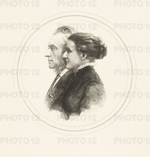Double portrait of Josephus Albertus Alberdingk Thijm and his daughter, print, printmaker: Petrus Johannes Arendzen, Netherlands, 1856 - 1889, paper, chine collé, etching, roulette, etching and roulette printed on chine collé, height 164 mm x width 120 mm, Person, Josephus Albertus Alberdingk Thijm, A detailed monochrome line drawing of two people in profile facing left, one positioned slightly in front of the other, both shown from the shoulders up inside a pair of concentric circular outlines on a light textured background; the front figure has neatly styled hair pulled back and a high collar with ruffled trim, while the rear figure has shorter hair, facial hair along the jaw and chin, and a suit jacket with visible lapel and tie, with fine crosshatching and stippling used throughout to render facial features, hair, and clothing.