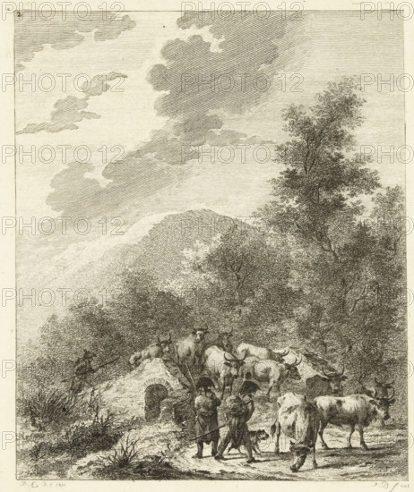 Soldiers driving a herd of cows across a bridge, Six landscapes with soldier staff, print, Series number, 2, 6, Landscape with three Napoleonic soldiers driving a herd of cows across a bridge., printmaker: Joannes Bemme, Netherlands, after drawing by Dirk Langendijk, 1803, paper, etching, height 135 mm x width 108 mm, the soldier, the soldier's life, herd, flock, British-Russian expedition to North Holland, Period, 1799, A monochrome etching showing a rural scene with a herd of cattle clustered near a small arched stone structure and partially on a dirt path, several cows grazing or standing, and a few cattle facing toward the viewer. Two standing figures with cloaks and hats walk along the path with a small dog near their feet, while another figure stands to the left holding a long staff. Dense foliage and tall trees fill the right side and background, and rolling hills rise behind the trees. The sky is filled with layered, horizontally hatched clouds.