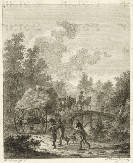 Hay wagon driving over a bridge, Six landscapes with soldier staff, print, Series number, 4, 6, A hay wagon drives over a bridge. Along the bank walk three Napoleonic soldiers with rifles and a dog., printmaker: Joannes Bemme, Netherlands, after drawing by Dirk Langendijk, 1803, paper, etching, height 138 mm x width 110 mm, the soldier, the soldier's life, hay-wagon, British-Russian expedition to North Holland, Period, 1799, A detailed monochrome engraving shows a rural scene with tall trees framing a sky filled with finely hatched clouds, a large hay-filled cart drawn by animals crossing a simple wooden bridge, a figure sitting atop the haystack, and another person seated on the cart. In the foreground three men walk along a dirt path with one carrying a long pole and a dog near their feet, while a rider on horseback steers the animals across the bridge and two small figures stand on the far side. The landscape includes dense foliage, textured ground, and the bridge supported by visib...