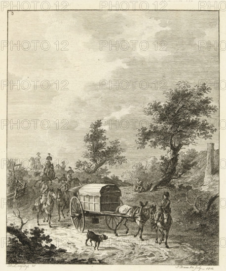 A group of soldiers on horseback, Six landscapes with soldier staff, print, Series number, 3, 6, A group of Napoleonic soldiers rides through a dune landscape. An ammunition wagon rides towards the first soldier., printmaker: Joannes Bemme, Netherlands, after drawing by Dirk Langendijk, 1804, paper, etching, height 137 mm x width 112 mm, four-wheeled, animal-drawn vehicle, eg: cab, carriage, coach, warfare, military affairs (cavalry, horsemen), British-Russian expedition to North Holland, Period, 1799, A detailed sepia-toned etching shows a rural road scene with a covered wagon drawn by two horses moving toward the viewer, flanked by several riders on horseback and a small dog walking in front of the wagon, a man standing near the lead horses, and a group of riders further back on the left; to the right a large leafy tree with a figure seated against its trunk and a low building with a chimney partly visible behind foliage; the sky above is filled with finely hatched clouds and the for...
